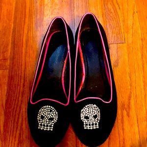 Black suede loafers with hot pink trim and skeleton. Size 9.